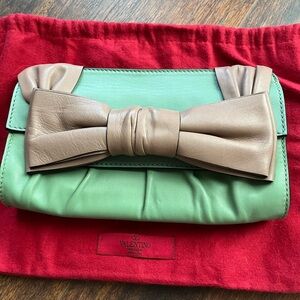 Valentino Mint Green Leather Clutch w/ Beige Bow-Rare Color Excellent Condition
